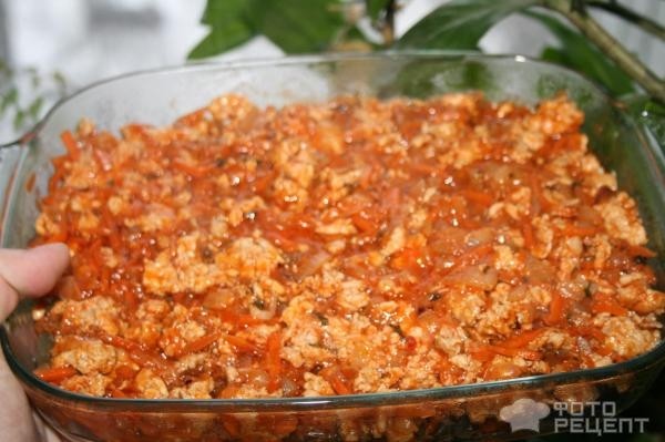 Рецепт: Греческая мусака - С маринованными баклажанами и фаршем из куриного филе