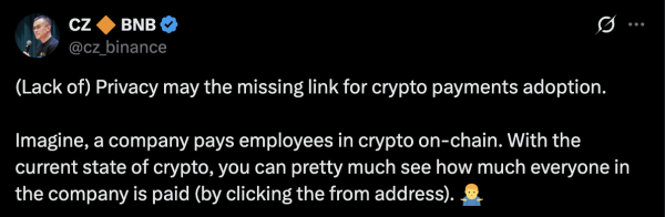 Криптовалюте необходима конфиденциальность для масштабирования платежей: соучредитель Binance CZ