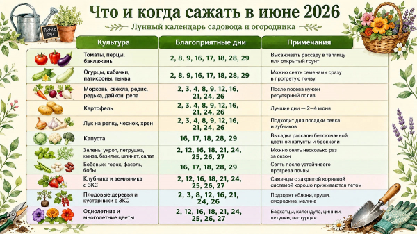 Посевной календарь на июнь 2026 года: самые удачные дни для посадок и ухода за растениями