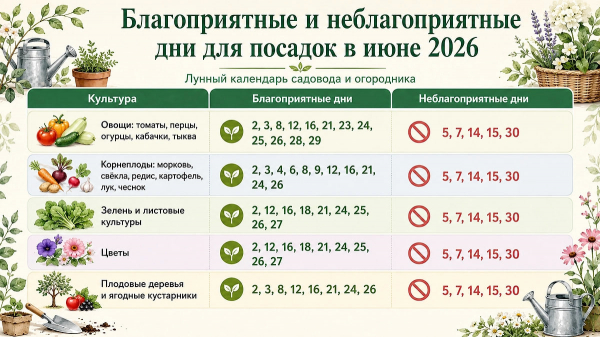 Посевной календарь на июнь 2026 года: самые удачные дни для посадок и ухода за растениями